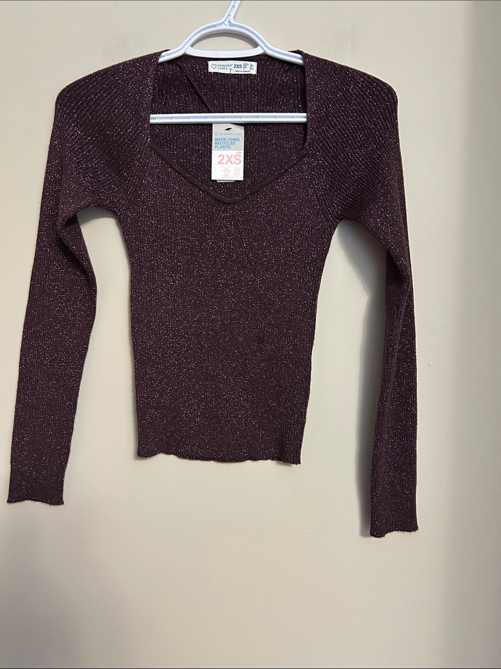 Primark Cares stretchy sparkly purple rib-knit sweater squared out neckline 2XS